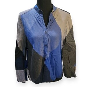 BCBGMAXAZRIA colorblock blue/gray button up long sleeve top sz small